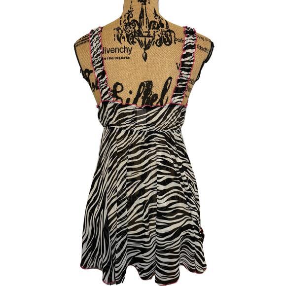 Vintage Cabernet Zebra Mini Dress Sheer Ruffle Black White Pink Size Medium Y2k - Picture 2 of 3